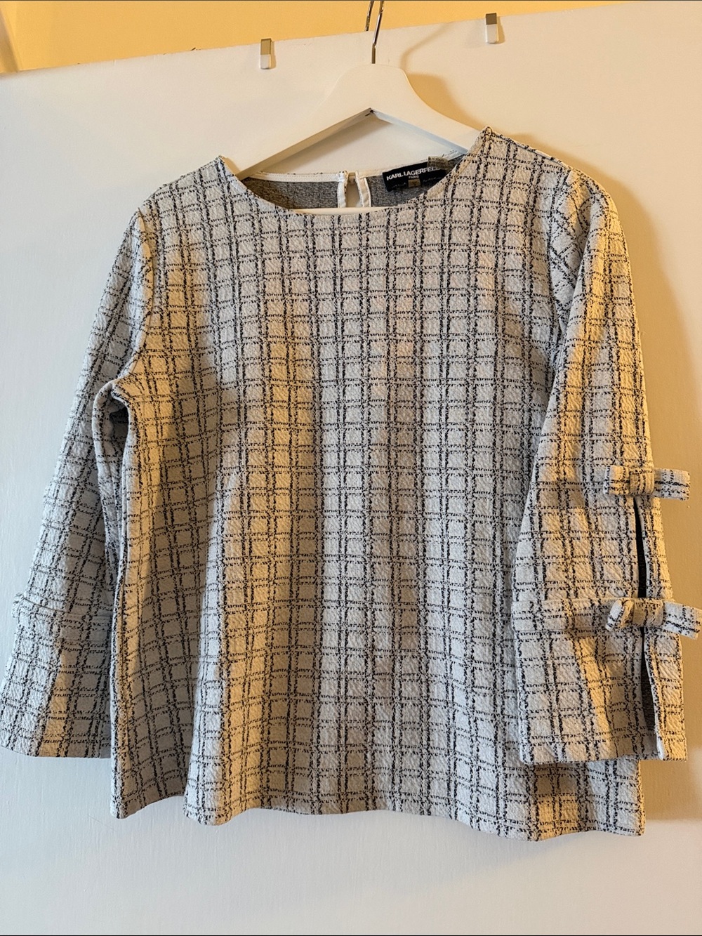Karl Lagerfeld Cream Plaid Bow-Sleeve Tunic Top